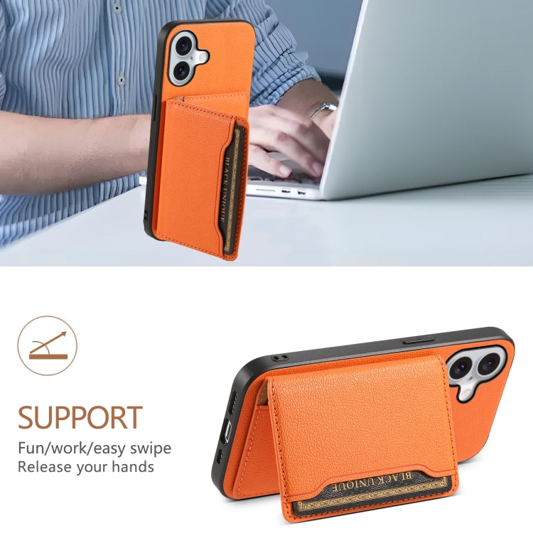 For iPhone 16 Plus Calf Texture Card Bag Design Full Coverage Phone Case(Orange) by buy2fix