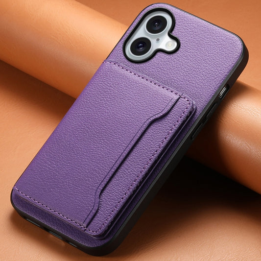 For iPhone 16 Plus Calf Texture Card Bag Design Full Coverage Phone Case(Purple) by buy2fix