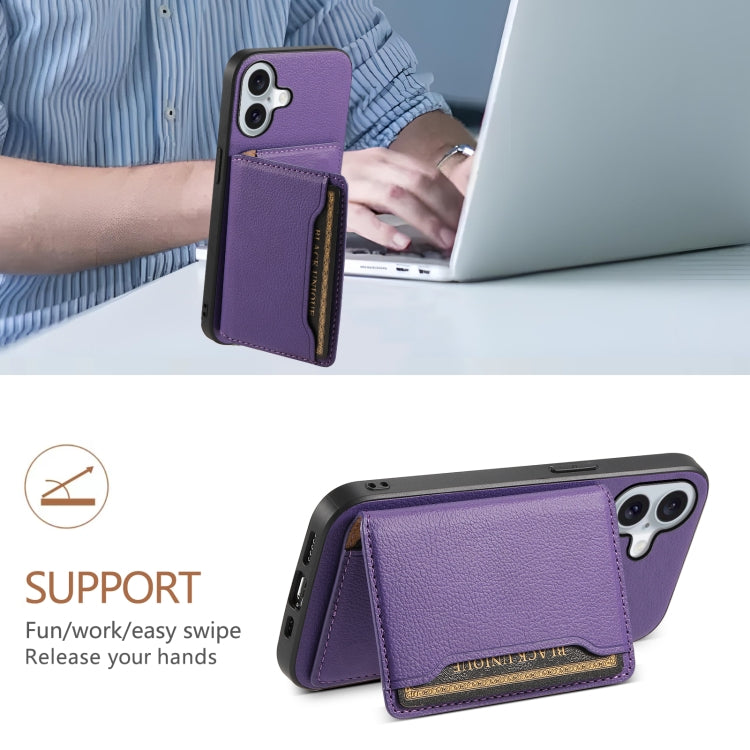 For iPhone 16 Plus Calf Texture Card Bag Design Full Coverage Phone Case(Purple) by buy2fix