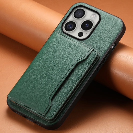 For iPhone 16 Pro Calf Texture Card Bag Design Full Coverage Phone Case(Green) by buy2fix