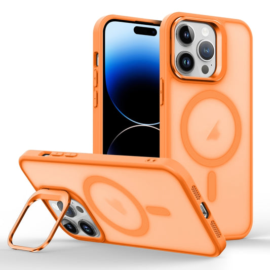 For iPhone 14 Pro Skin Feel Lens Holder Magsafe Phone Case(Orange) - iPhone 14 Pro Cases by buy2fix | Online Shopping UK | buy2fix