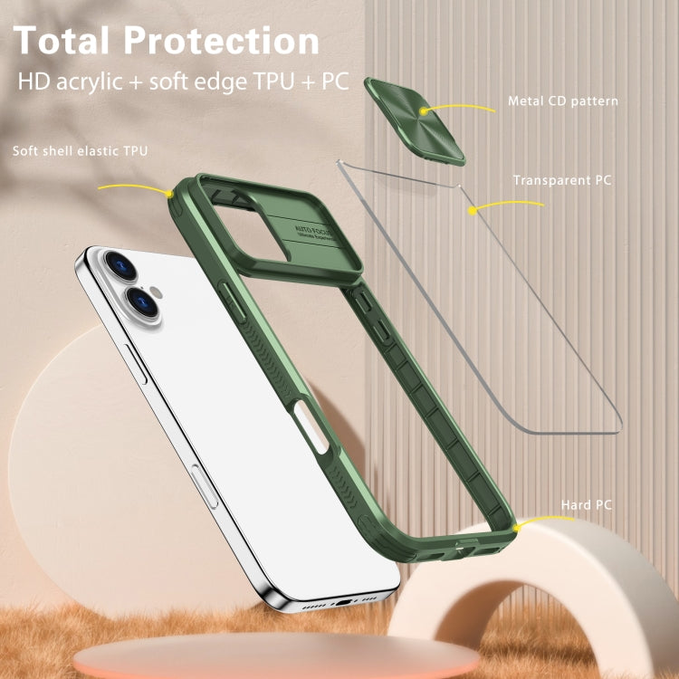 For iPhone 16 Plus Sliding Camshield Acrylic Hybrid TPU Phone Case(Olive Green) by buy2fix