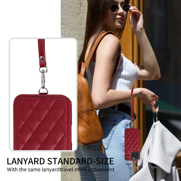 For iPhone 16 Pro Max Rhombic Texture Card Bag Phone Case with Short Lanyard(Wine Red) by buy2fix