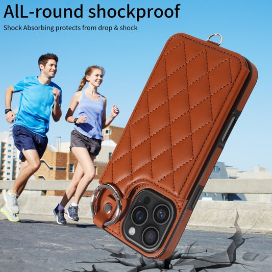For iPhone 16 Pro Max Rhombic Texture Card Bag Phone Case with Short Lanyard(Brown) by buy2fix