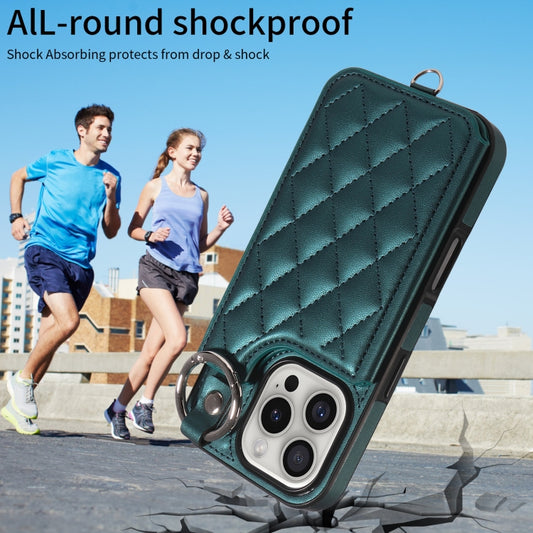 For iPhone 16 Pro Rhombic Texture Card Bag Phone Case with Short Lanyard(Green) by buy2fix