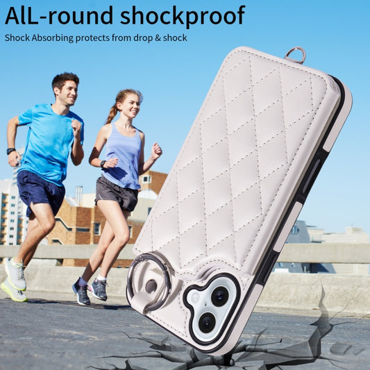 For iPhone 16 Plus Rhombic Texture Card Bag Phone Case with Short Lanyard(White) by buy2fix