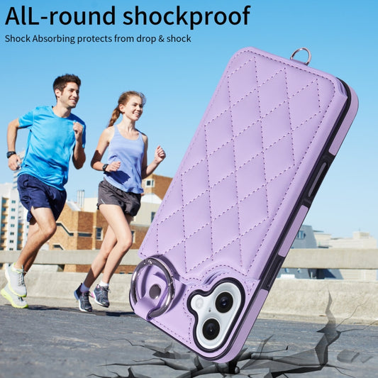 For iPhone 16 Plus Rhombic Texture Card Bag Phone Case with Short Lanyard(Purple) by buy2fix