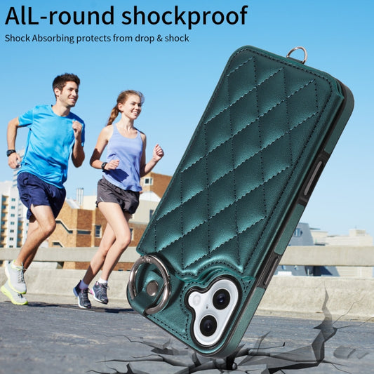 For iPhone 16 Plus Rhombic Texture Card Bag Phone Case with Short Lanyard(Green) by buy2fix