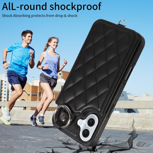 For iPhone 16 Plus Rhombic Texture Card Bag Phone Case with Short Lanyard(Black) by buy2fix