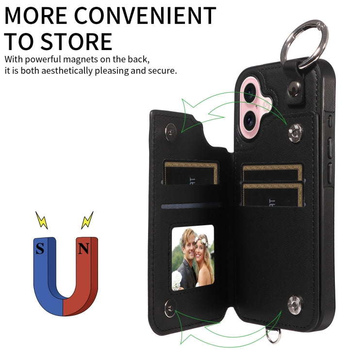 For iPhone 16 Rhombic Texture Card Bag Phone Case with Short Lanyard(Black) - iPhone 16 Cases by buy2fix | Online Shopping UK | buy2fix