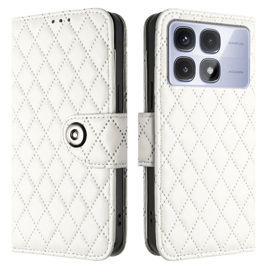 For Redmi K70 Ultra 5G Global Rhombic Texture Flip Leather Phone Case with Lanyard(White) by buy2fix