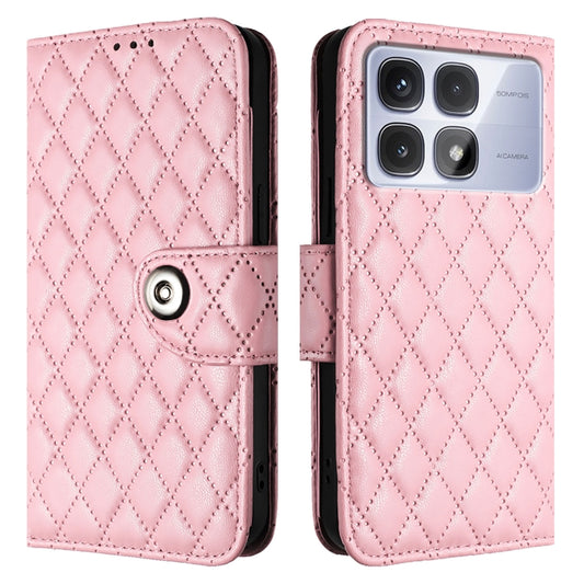 For Redmi K70 Ultra 5G Global Rhombic Texture Flip Leather Phone Case with Lanyard(Pink) by buy2fix