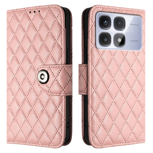 For Redmi K70 Ultra 5G Global Rhombic Texture Flip Leather Phone Case with Lanyard(Coral Pink) by buy2fix