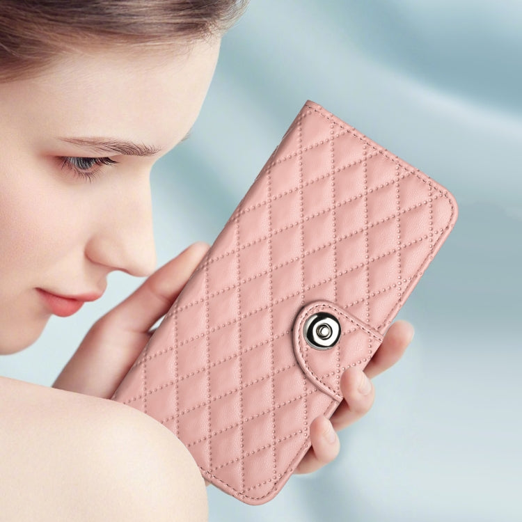 For Redmi K70 Ultra 5G Global Rhombic Texture Flip Leather Phone Case with Lanyard(Coral Pink) by buy2fix