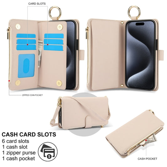 For iPhone 15 Pro Crossbody Ring Multifunctional Wallet Leather Phone Case(White) - iPhone 15 Pro Cases by buy2fix | Online Shopping UK | buy2fix