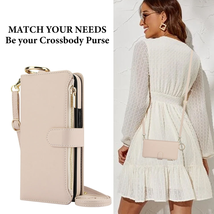 For iPhone 15 Pro Crossbody Ring Multifunctional Wallet Leather Phone Case(White) - iPhone 15 Pro Cases by buy2fix | Online Shopping UK | buy2fix