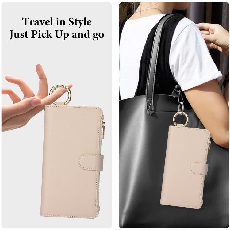 For iPhone 15 Pro Crossbody Ring Multifunctional Wallet Leather Phone Case(White) - iPhone 15 Pro Cases by buy2fix | Online Shopping UK | buy2fix