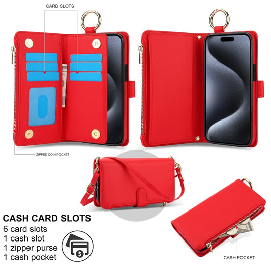 For iPhone 15 Pro Crossbody Ring Multifunctional Wallet Leather Phone Case(Red) - iPhone 15 Pro Cases by buy2fix | Online Shopping UK | buy2fix