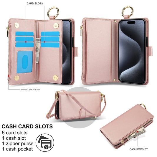 For iPhone 15 Pro Crossbody Ring Multifunctional Wallet Leather Phone Case(Rose Gold) - iPhone 15 Pro Cases by buy2fix | Online Shopping UK | buy2fix