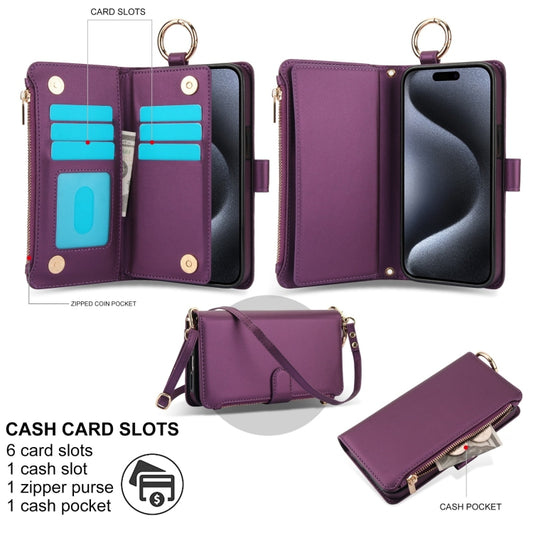 For iPhone 15 Pro Crossbody Ring Multifunctional Wallet Leather Phone Case(Dark Purple) - iPhone 15 Pro Cases by buy2fix | Online Shopping UK | buy2fix