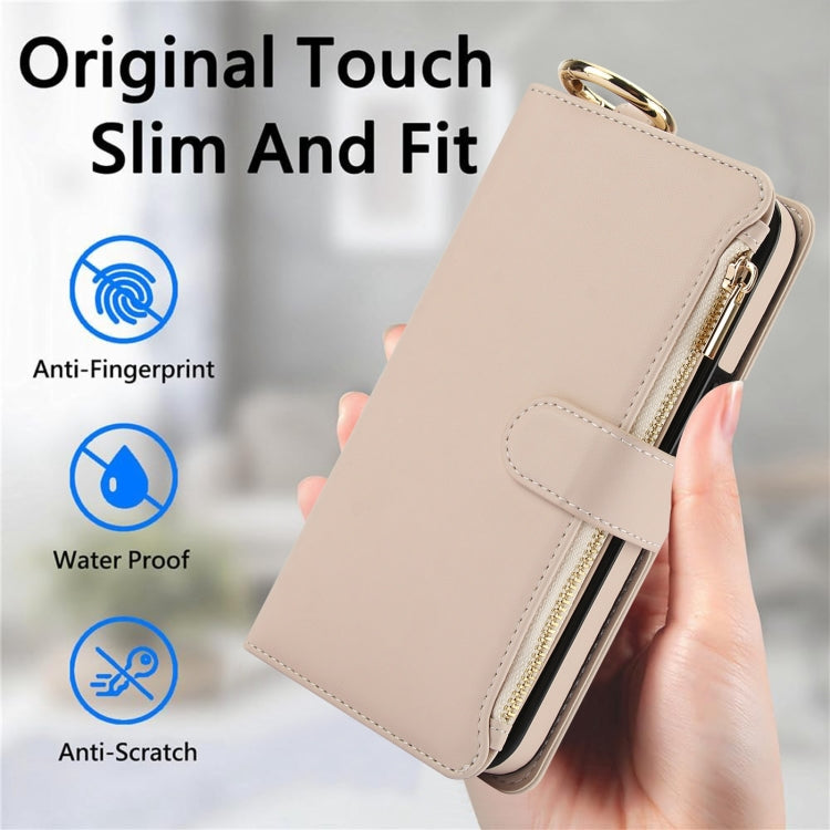 For iPhone 15 Crossbody Ring Multifunctional Wallet Leather Phone Case(White) - iPhone 15 Cases by buy2fix | Online Shopping UK | buy2fix