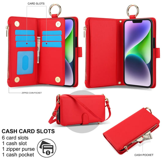 For iPhone 15 Crossbody Ring Multifunctional Wallet Leather Phone Case(Red) - iPhone 15 Cases by buy2fix | Online Shopping UK | buy2fix