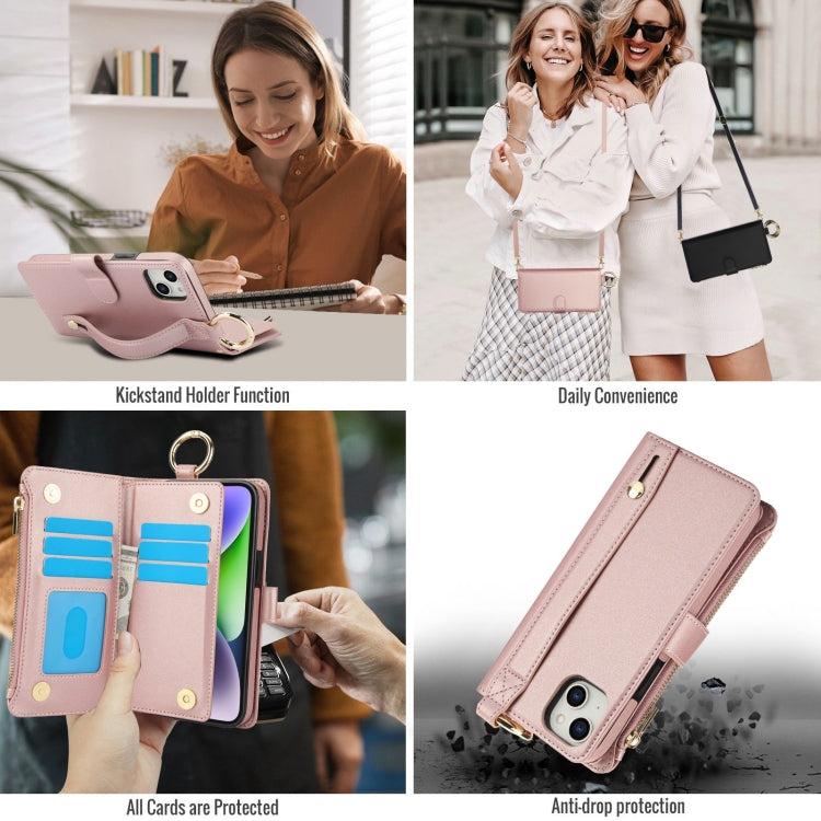 For iPhone 15 Crossbody Ring Multifunctional Wallet Leather Phone Case(Rose Gold) - iPhone 15 Cases by buy2fix | Online Shopping UK | buy2fix