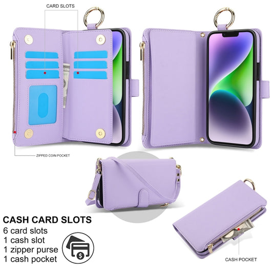 For iPhone 15 Crossbody Ring Multifunctional Wallet Leather Phone Case(Purple) - iPhone 15 Cases by buy2fix | Online Shopping UK | buy2fix