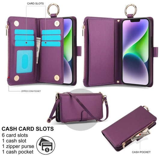 For iPhone 14 Plus Crossbody Ring Multifunctional Wallet Leather Phone Case(Dark Purple) - iPhone 14 Plus Cases by buy2fix | Online Shopping UK | buy2fix