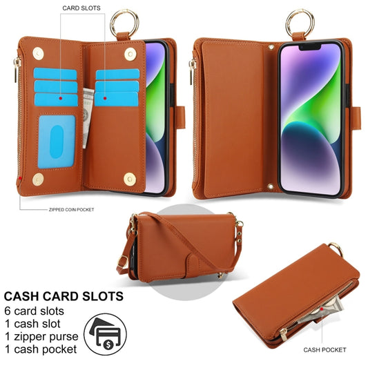 For iPhone 14 Crossbody Ring Multifunctional Wallet Leather Phone Case(Brown) - iPhone 14 Cases by buy2fix | Online Shopping UK | buy2fix