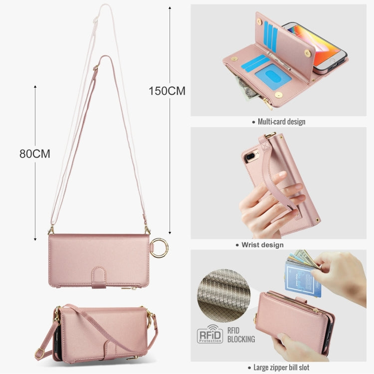 For iPhone 7 / 8 / SE 2022 Crossbody Ring Multifunctional Wallet Leather Phone Case(Rose Gold) - iPhone SE 2022 / 2020 / 8 / 7 Cases by buy2fix | Online Shopping UK | buy2fix