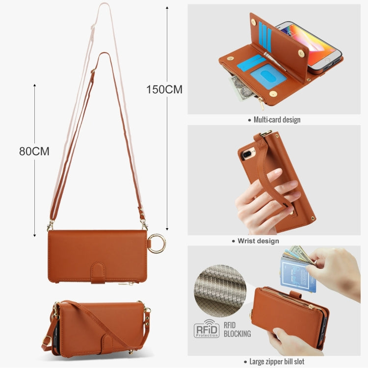 For iPhone 7 / 8 / SE 2022 Crossbody Ring Multifunctional Wallet Leather Phone Case(Brown) - iPhone SE 2022 / 2020 / 8 / 7 Cases by buy2fix | Online Shopping UK | buy2fix