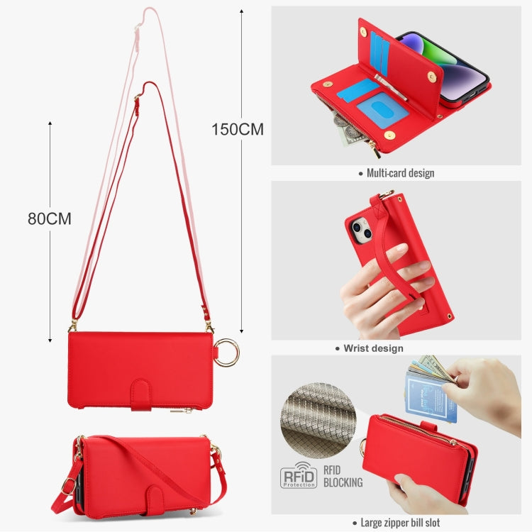 For iPhone 13 mini Crossbody Ring Multifunctional Wallet Leather Phone Case(Red) - iPhone 13 mini Cases by buy2fix | Online Shopping UK | buy2fix