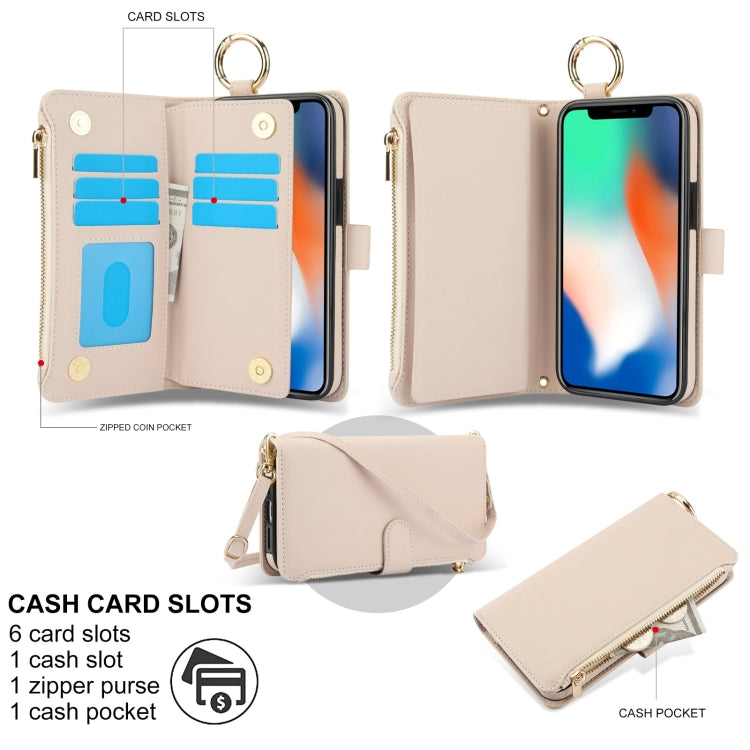 For iPhone X / XS Crossbody Ring Multifunctional Wallet Leather Phone Case(White) - More iPhone Cases by buy2fix | Online Shopping UK | buy2fix