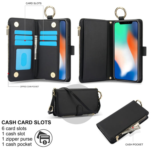 For iPhone X / XS Crossbody Ring Multifunctional Wallet Leather Phone Case(Black) - More iPhone Cases by buy2fix | Online Shopping UK | buy2fix