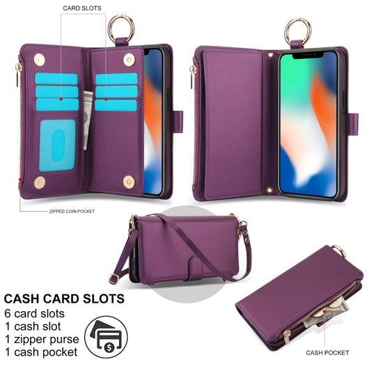 For iPhone X / XS Crossbody Ring Multifunctional Wallet Leather Phone Case(Dark Purple) - More iPhone Cases by buy2fix | Online Shopping UK | buy2fix