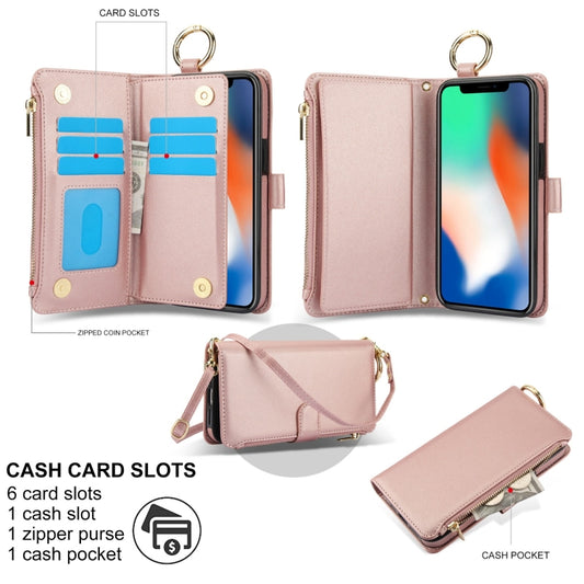 For iPhone XR Crossbody Ring Multifunctional Wallet Leather Phone Case(Rose Gold) - More iPhone Cases by buy2fix | Online Shopping UK | buy2fix