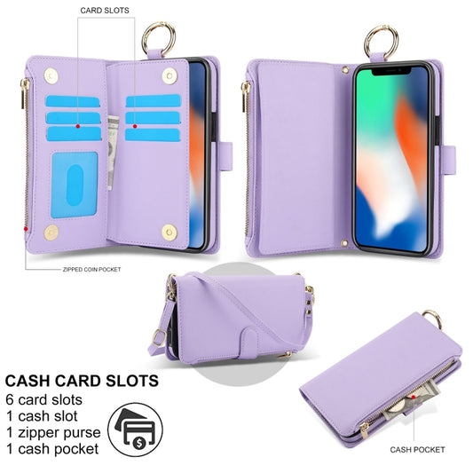 For iPhone XR Crossbody Ring Multifunctional Wallet Leather Phone Case(Purple) - More iPhone Cases by buy2fix | Online Shopping UK | buy2fix