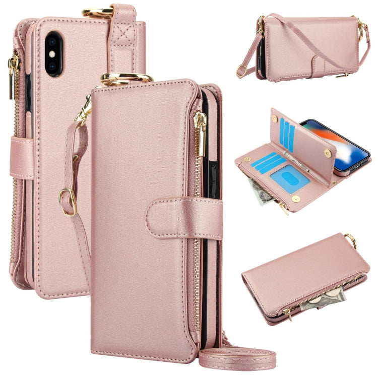 For iPhone XS Max Crossbody Ring Multifunctional Wallet Leather Phone Case(Rose Gold) - More iPhone Cases by buy2fix | Online Shopping UK | buy2fix