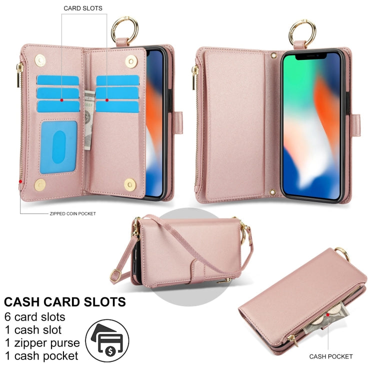 For iPhone XS Max Crossbody Ring Multifunctional Wallet Leather Phone Case(Rose Gold) - More iPhone Cases by buy2fix | Online Shopping UK | buy2fix