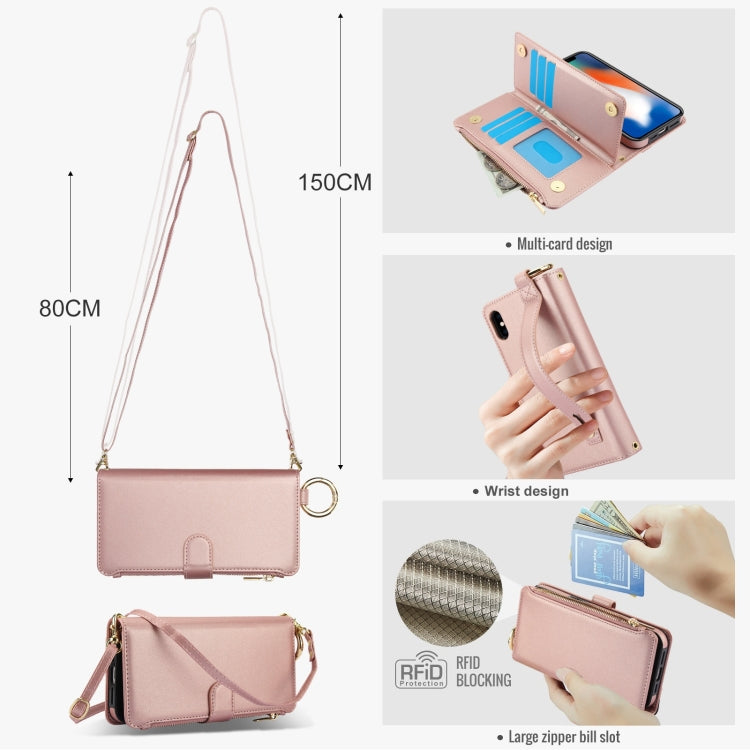 For iPhone XS Max Crossbody Ring Multifunctional Wallet Leather Phone Case(Rose Gold) - More iPhone Cases by buy2fix | Online Shopping UK | buy2fix