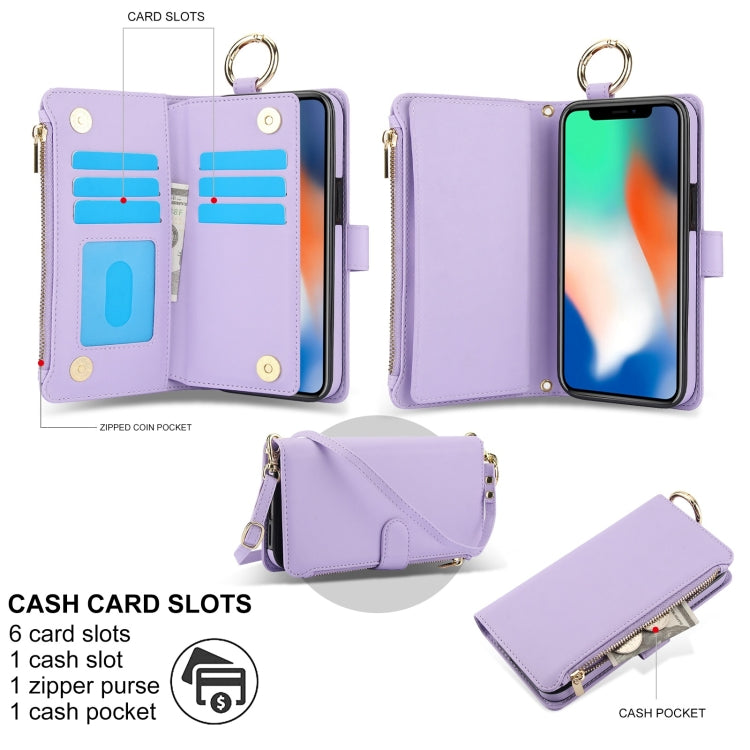 For iPhone XS Max Crossbody Ring Multifunctional Wallet Leather Phone Case(Purple) - More iPhone Cases by buy2fix | Online Shopping UK | buy2fix