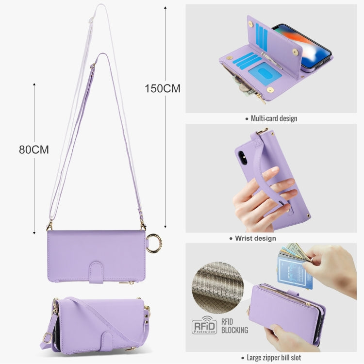 For iPhone XS Max Crossbody Ring Multifunctional Wallet Leather Phone Case(Purple) - More iPhone Cases by buy2fix | Online Shopping UK | buy2fix