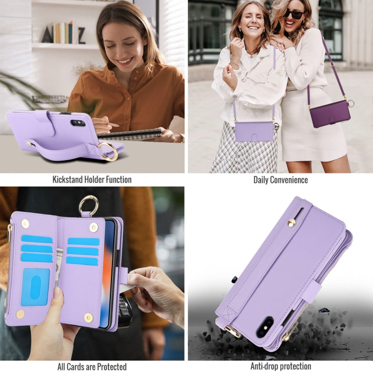 For iPhone XS Max Crossbody Ring Multifunctional Wallet Leather Phone Case(Purple) - More iPhone Cases by buy2fix | Online Shopping UK | buy2fix