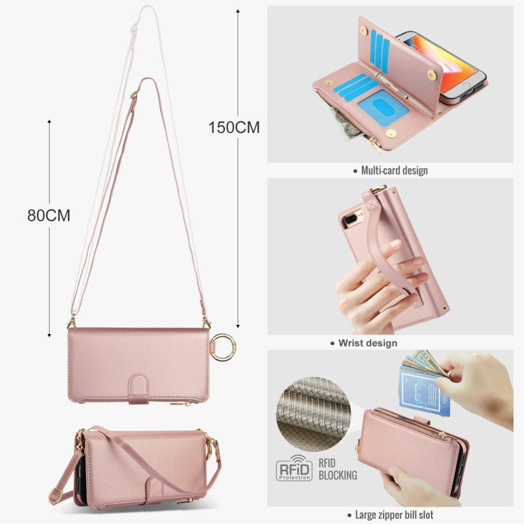 For iPhone 7 Plus / 8 Plus Crossbody Ring Multifunctional Wallet Leather Phone Case(Rose Gold) - More iPhone Cases by buy2fix | Online Shopping UK | buy2fix