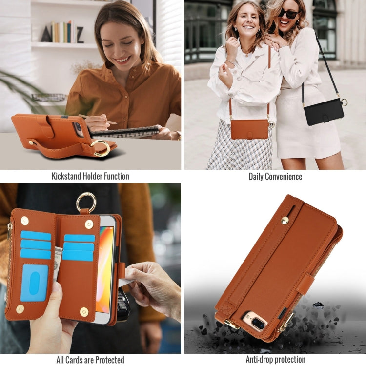 For iPhone 7 Plus / 8 Plus Crossbody Ring Multifunctional Wallet Leather Phone Case(Brown) - More iPhone Cases by buy2fix | Online Shopping UK | buy2fix