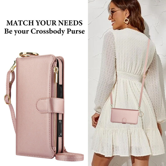For iPhone 16 Pro Crossbody Ring Multifunctional Wallet Leather Phone Case(Rose Gold) by buy2fix