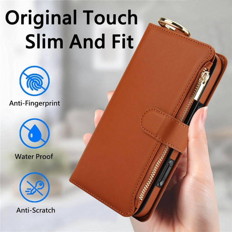 For iPhone 16 Pro Crossbody Ring Multifunctional Wallet Leather Phone Case(Brown) by buy2fix