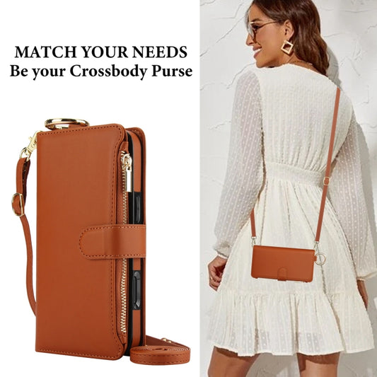 For iPhone 16 Crossbody Ring Multifunctional Wallet Leather Phone Case(Brown) by buy2fix