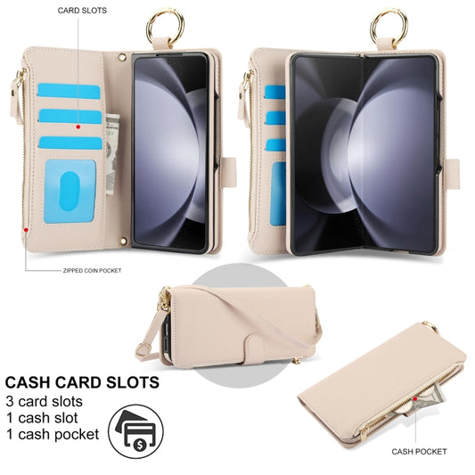 For Samsung Galaxy Z Fold6 Crossbody Ring Multifunctional Wallet Fold Leather Phone Case(White) - Galaxy Z Fold6 5G Cases by buy2fix | Online Shopping UK | buy2fix